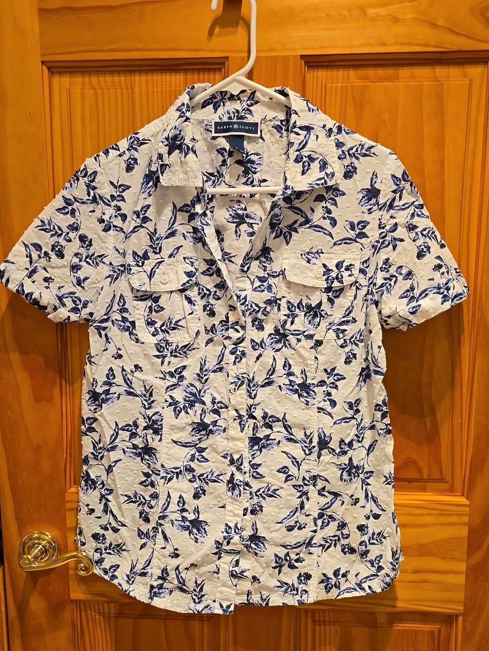 Karen Scott Short-Sleeve White Shirt with Blue Leaf Print